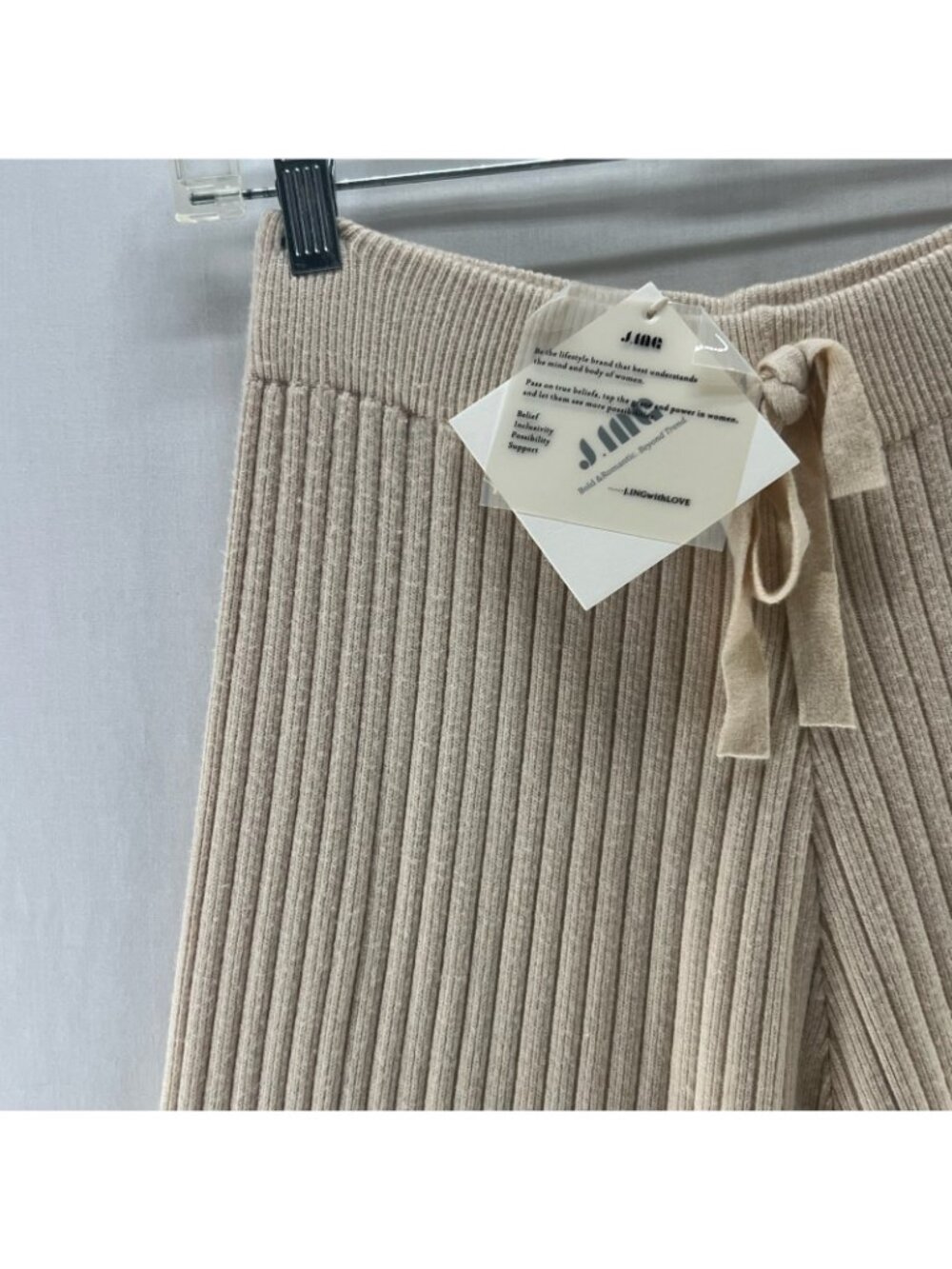 J.ING Ribbed Knit Wide Leg Lounge Pants Women One Size Stretch Drawstring Beige - Picture 11 of 12